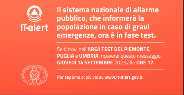 14 settembre, ore 12: arriva su tutti i cellulari in Piemonte il messaggio di IT-alert